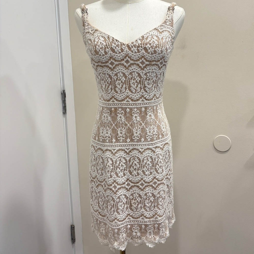 VTG 90s NiteLine White Lace Beaded Tan Mini Dress 2 Bridal Goth Witchy Coquette - Picture 1 of 16